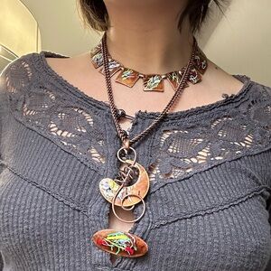 Vintage 1960s mid century modern boho retro graffiti enamel copper jewelry set